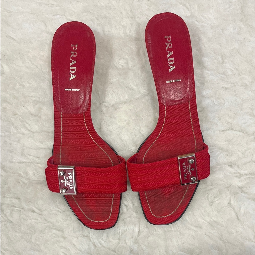 Prada Red Heels with Logo Buckle